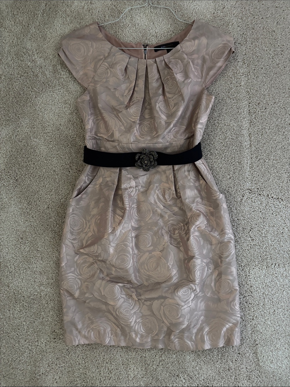 BCBGMaxAzria Blush Rose-Jacquard Cap Sleeve Midi Dress with Black Belt